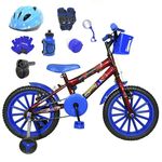 Bicicleta Infantil Aro 16 Vermelha Kit Azul C/ Capacete, Kit Proteção e Acelerador