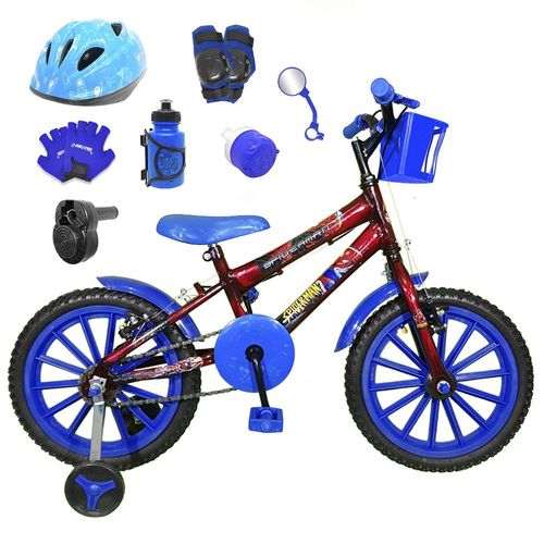 Bicicleta Infantil Aro 16 Vermelha Kit Azul C/ Capacete, Kit Proteção e Acelerador