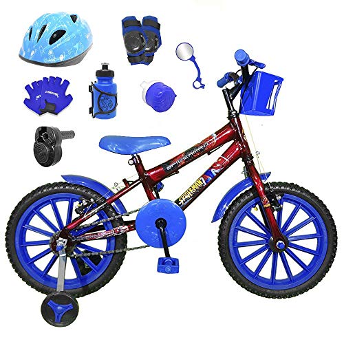 Bicicleta Infantil Aro 16 Vermelha Kit Azul C/Capacete, Kit Proteção e Acelerador