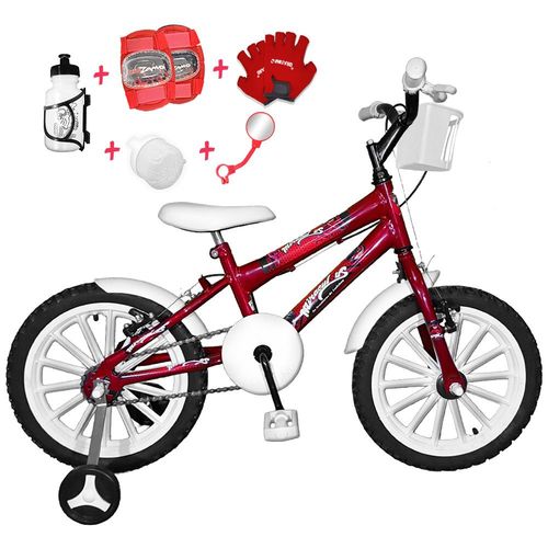 Bicicleta Infantil Aro 16 Vermelha Kit Branco C/ Acessórios e Kit Proteção