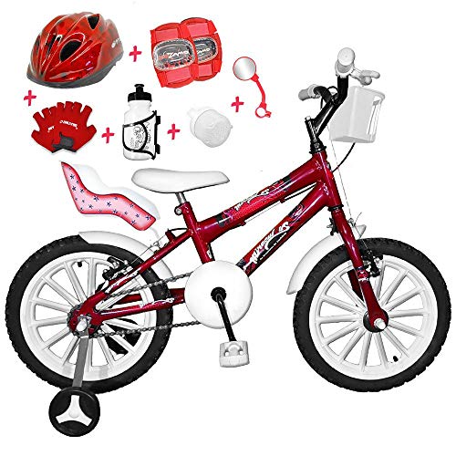 Bicicleta Infantil Aro 16 Vermelha Kit Branco C/Capacete, Kit Proteção e Cadeirinha