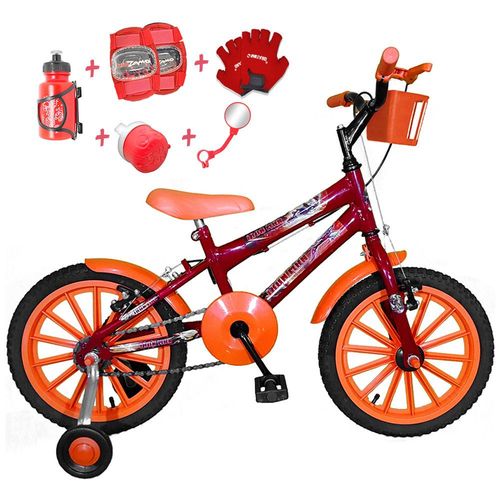 Bicicleta Infantil Aro 16 Vermelha Kit Laranja C/ Acessórios e Kit Proteção
