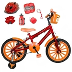 Bicicleta Infantil Aro 16 Vermelha Kit Laranja C/ Capacete e Kit Proteção