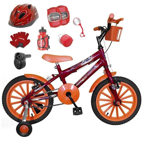 Bicicleta Infantil Aro 16 Vermelha Kit Laranja C/ Capacete, Kit Proteção e Acelerador
