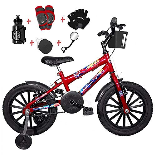 Bicicleta Infantil Aro 16 Vermelha Kit Preto C/Acessórios e Kit Proteção