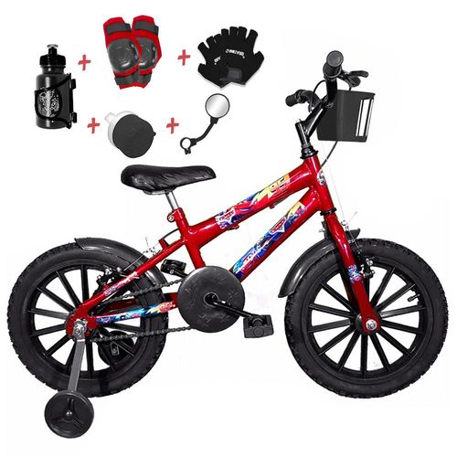 Bicicleta Infantil Aro 16 Vermelha Kit Preto C/ Acessórios e Kit Proteção