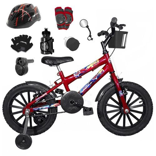 Bicicleta Infantil Aro 16 Vermelha Kit Preto C/ Capacete, Kit Proteção e Acelerador