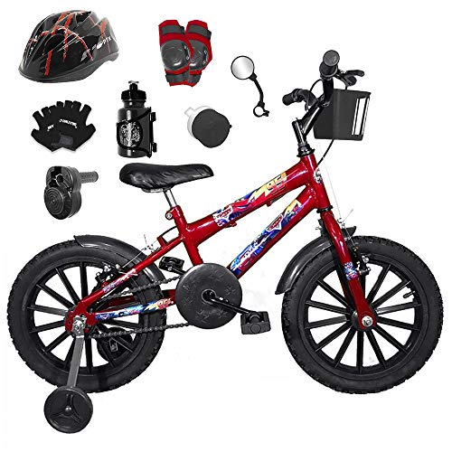 Bicicleta Infantil Aro 16 Vermelha Kit Preto C/Capacete, Kit Proteção e Acelerador