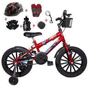 Bicicleta Infantil Aro 16 Vermelha Kit Preto com Capacete e Kit Proteção
