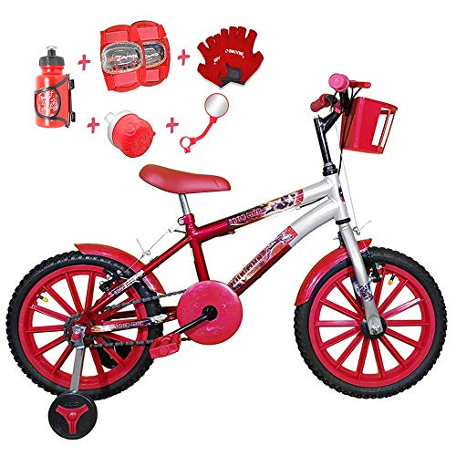 Bicicleta Infantil Aro 16 Vermelha Prata Kit Vermelho C/Acessórios e Kit Proteção