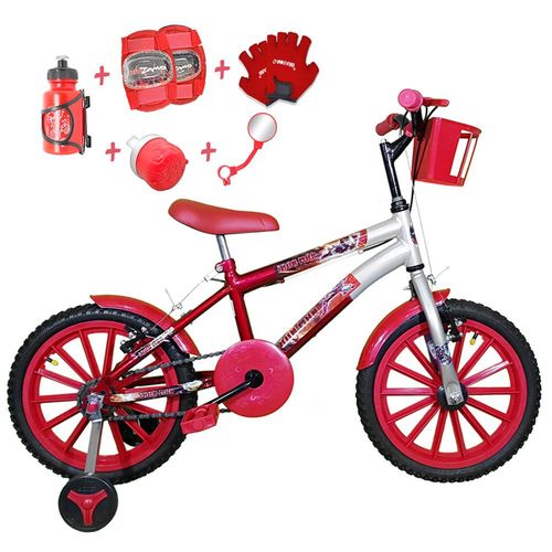 Bicicleta Infantil Aro 16 Vermelha Prata Kit Vermelho C/ Acessórios e Kit Proteção