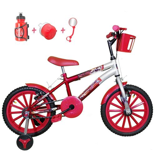 Bicicleta Infantil Aro 16 Vermelha Prata Kit Vermelho C/ Acessórios