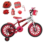 Bicicleta Infantil Aro 16 Vermelha Prata Kit Vermelho C/ Capacete e Kit Proteção