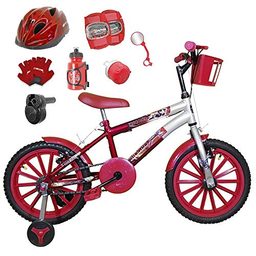 Bicicleta Infantil Aro 16 Vermelha Prata Kit Vermelho C/Capacete, Kit Proteção e Acelerador