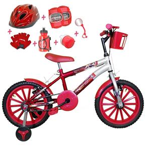 Bicicleta Infantil Aro 16 Vermelha Prata Kit Vermelho com Capacete e Kit Proteção