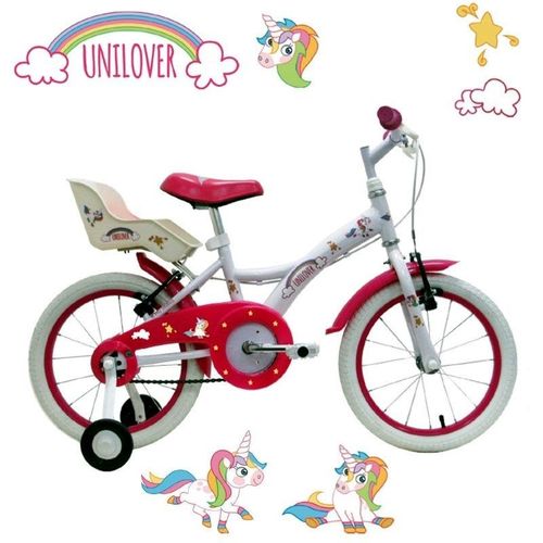 Bicicleta Infantil Tito Unilover Aro 16 com Cadeirinha para Boneca e Desenhos de Unicórnios