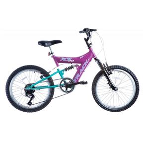 Bicicleta Track XS20 Aro 20 6 Marchas Suspensão Dupla - Rosa Pink / Azul Claro