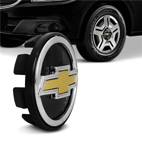 Calota Centro Miolo de Roda Chevrolet 51Mm Preta e Dourada Fixação por Encaixe