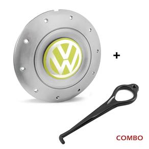 Calota Centro Roda Ferro VW Amarok Aro 13 14 15 4 Furos Prata Emblema Amarelo + Chave de Remoção Calota