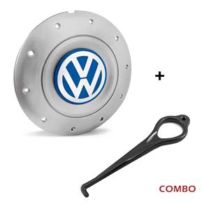 Calota Centro Roda Ferro VW Amarok Aro 13 14 15 4 Furos Prata Emblema Azul + Chave de Remoção Calota