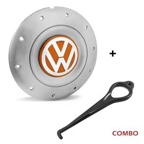 Calota Centro Roda Ferro VW Amarok Aro 13 14 15 4 Furos Prata Emblema Laranja + Chave de Remoção Calota