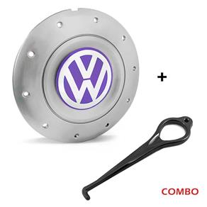 Calota Centro Roda Ferro VW Amarok Aro 13 14 15 4 Furos Prata Emblema Lilás + Chave de Remoção Calota