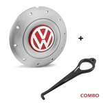 Calota Centro Roda Ferro VW Amarok Aro 13 14 15 4 Furos Prata Emblema Vermelho + Chave de Remoção