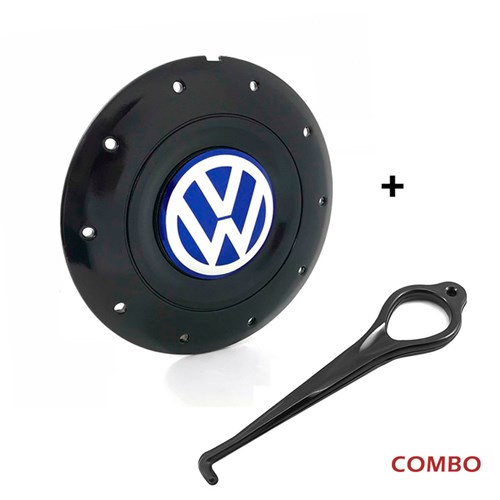 Calota Centro Roda Ferro Vw Amarok Aro 13 14 15 4 Furos Preta Brilhante Emblema Azul + Chave de Remo Calota