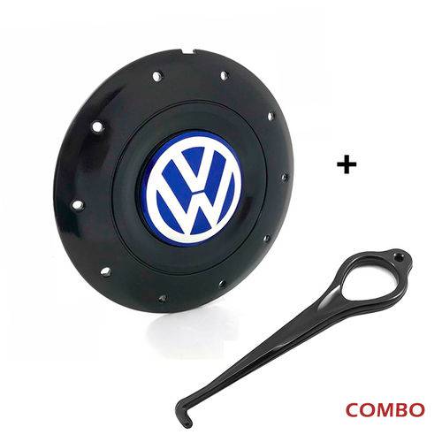 Calota Centro Roda Ferro Vw Amarok Aro 13 14 15 4 Furos Preta Brilhante Emblema Azul + Chave de Remo