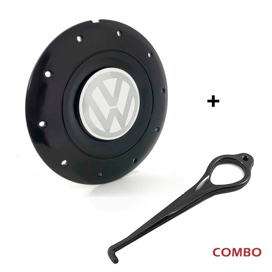 Calota Centro Roda Ferro VW Amarok Aro 13 14 15 4 Furos Preta Brilhante Emblema Branco + Chave de Re