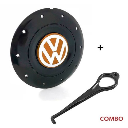 Calota Centro Roda Ferro VW Amarok Aro 13 14 15 4 Furos Preta Brilhante Emblema Laranja + Chave de R