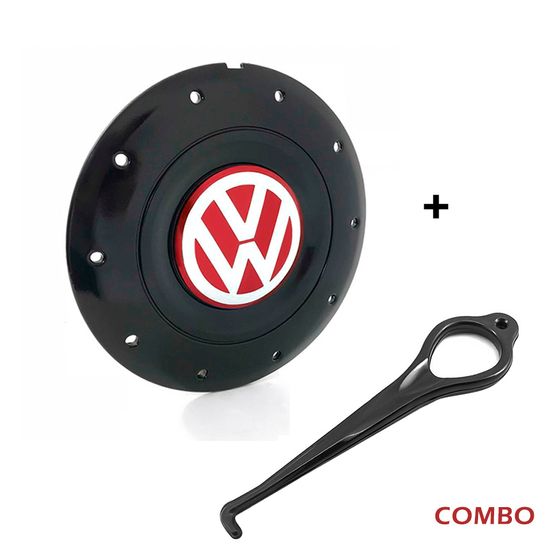 Calota Centro Roda Ferro VW Amarok Aro 13 14 15 4 Furos Preta Brilhante Emblema Vermelha + Chave de