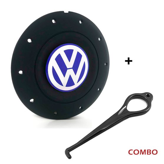 Calota Centro Roda Ferro VW Amarok Aro 13 14 15 4 Furos Preta Fosca Emblema Azul + Chave de Remoção