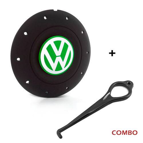 Calota Centro Roda Ferro Vw Amarok Aro 13 14 15 4 Furos Preta Fosca Emblema Verde + Chave de Remoção