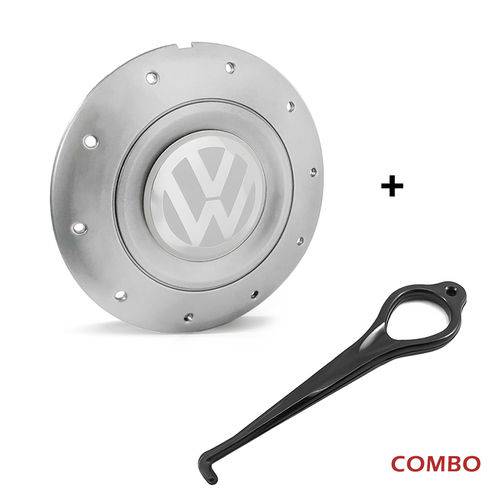 Calota Centro Roda Ferro Vw Amarok Aro 14 15 5 Furos Prata Emblema Branco + Chave de Remoção