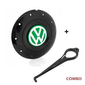 Calota Centro Roda Ferro VW Amarok Aro 14 15 5 Furos Preta Brilhante Emblema Verde + Chave de Remoção Calota