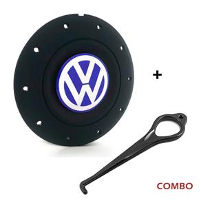 Calota Centro Roda Ferro VW Amarok Aro 13 14 15 4 Furos Preta Fosca Emblema Azul + Chave de Remoção Calota