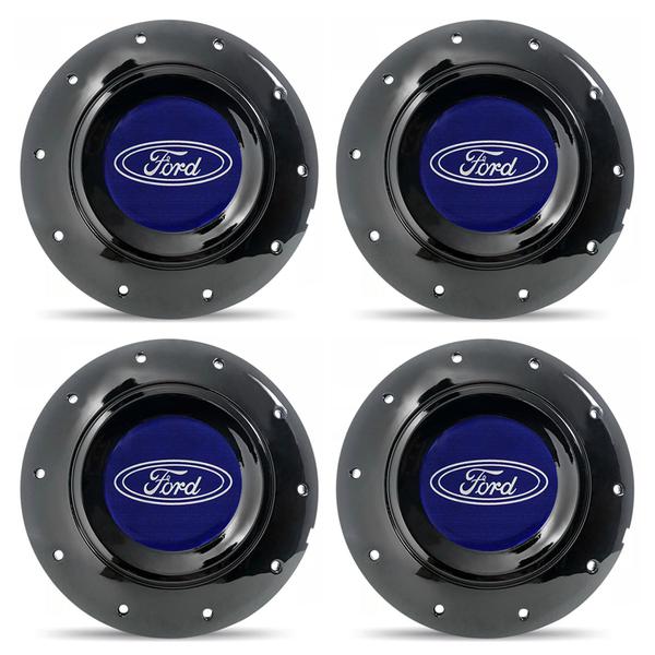 Jogo 4 Calota Centro Roda Ferro Amarok Ford Ecosport 4 Furos Preta Brilhante Emblema Azul