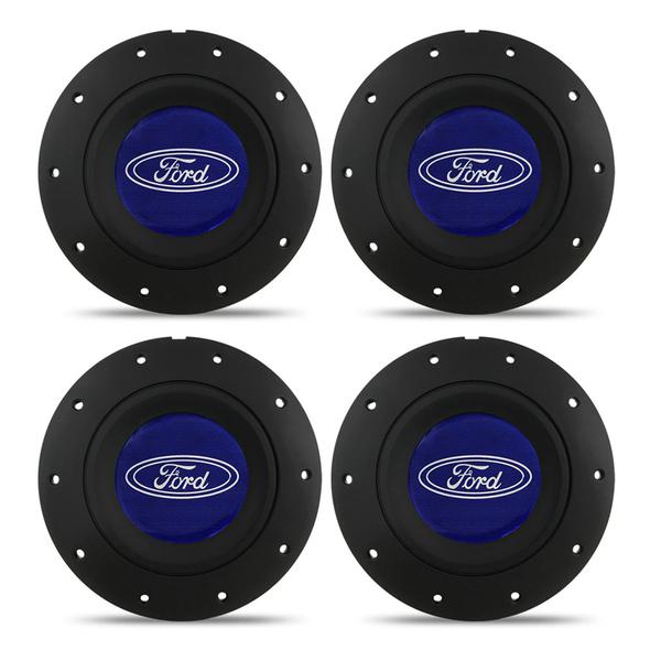 Jogo 4 Calota Centro Roda Ferro Amarok Ford Focus 4 Furos Preta Fosca Emblema Azul