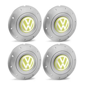 Jogo 4 Calota Centro Roda Ferro VW Amarok Aro 13 14 15 4 Furos Prata Emblema Amarelo Calota