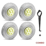 Jogo 4 Calota Centro Roda Ferro VW Amarok Aro 13 14 15 4 Furos Prata Emblema Amarelo + Chave de Remo