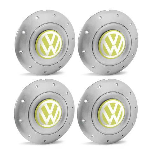 Jogo 4 Calota Centro Roda Ferro Vw Amarok Aro 13 14 15 4 Furos Prata Emblema Amarelo