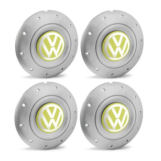 Jogo 4 Calota Centro Roda Ferro VW Amarok Aro 13 14 15 4 Furos Prata Emblema Amarelo