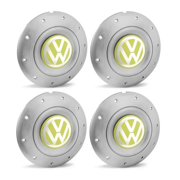 Jogo 4 Calota Centro Roda Ferro VW Amarok Aro 13 14 15 4 Furos Prata Emblema Amarelo