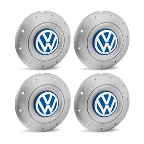 Jogo 4 Calota Centro Roda Ferro VW Amarok Aro 13 14 15 4 Furos Prata Emblema Azul Calota