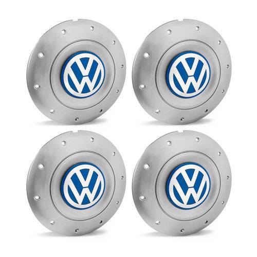 Jogo 4 Calota Centro Roda Ferro Vw Amarok Aro 13 14 15 4 Furos Prata Emblema Azul