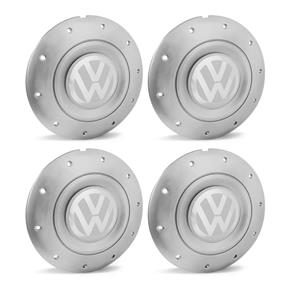 Jogo 4 Calota Centro Roda Ferro VW Amarok Aro 13 14 15 4 Furos Prata Emblema Branco Calota