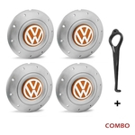 Jogo 4 Calota Centro Roda Ferro VW Amarok Aro 13 14 15 4 Furos Prata Emblema Laranja + Chave de Remo