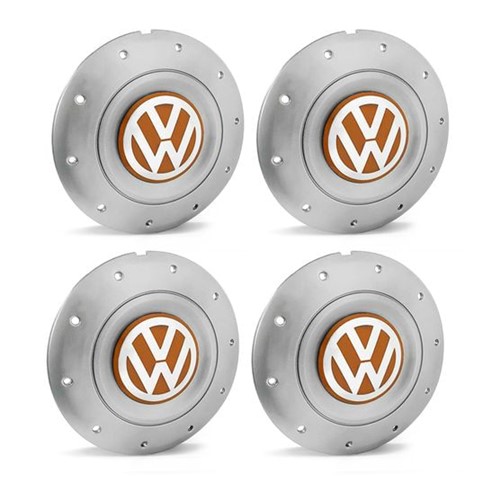 Jogo 4 Calota Centro Roda Ferro VW Amarok Aro 13 14 15 4 Furos Prata Emblema Laranja