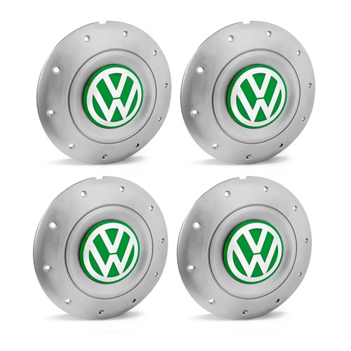 Jogo 4 Calota Centro Roda Ferro Vw Amarok Aro 13 14 15 4 Furos Prata Emblema Verde Calota